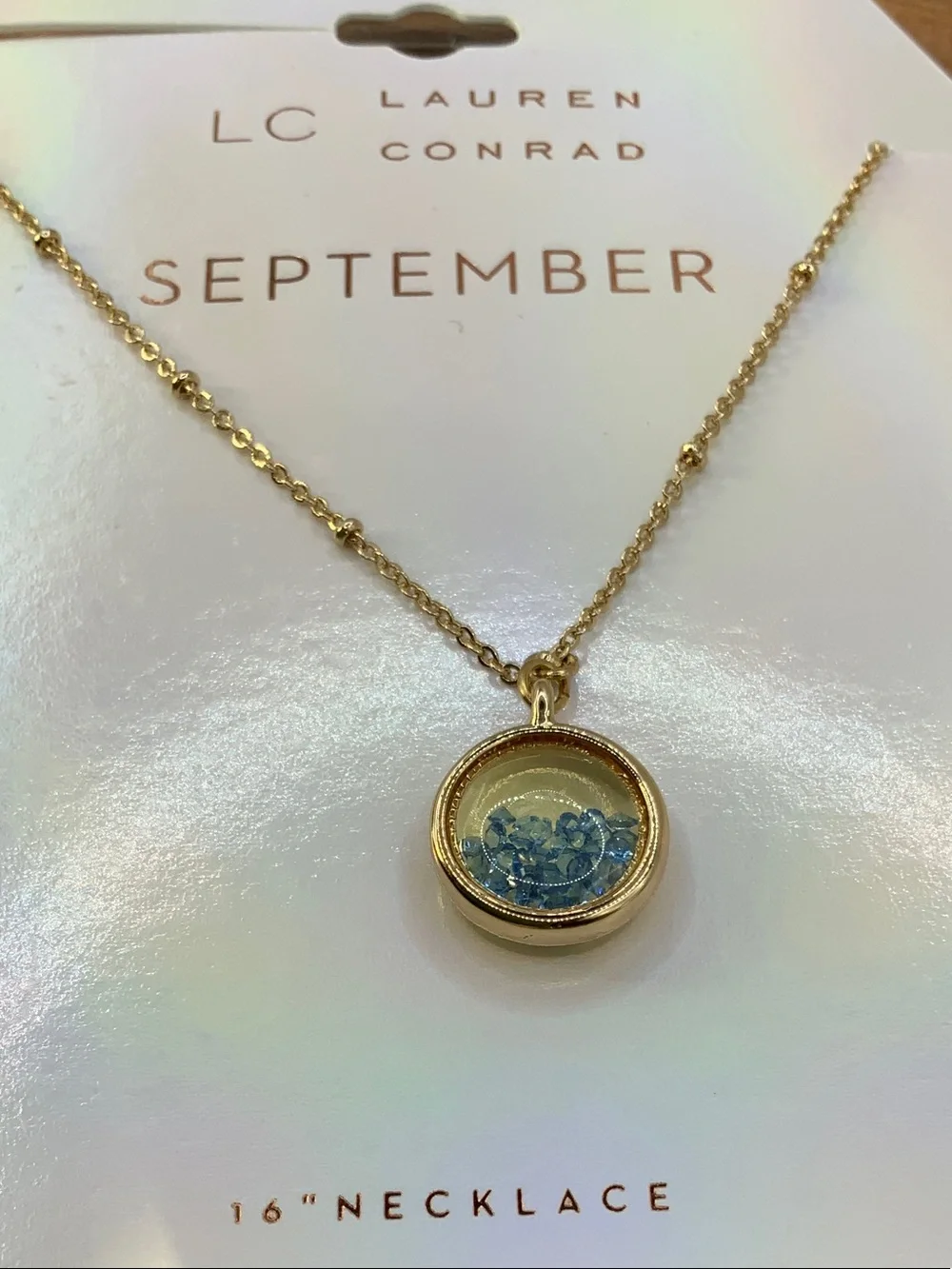 LC Lauren Conrad "September" Filled Blue Crystals Pendant Gold Chain Necklace - Picture 2 of 3
